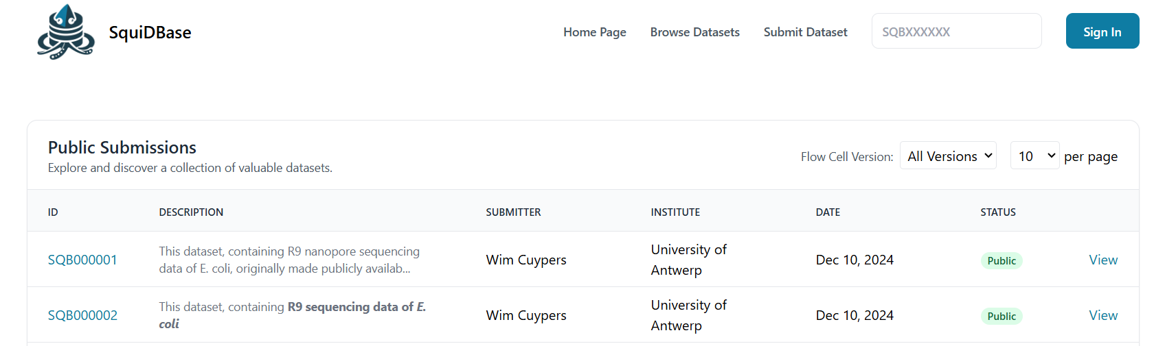 Submissions page